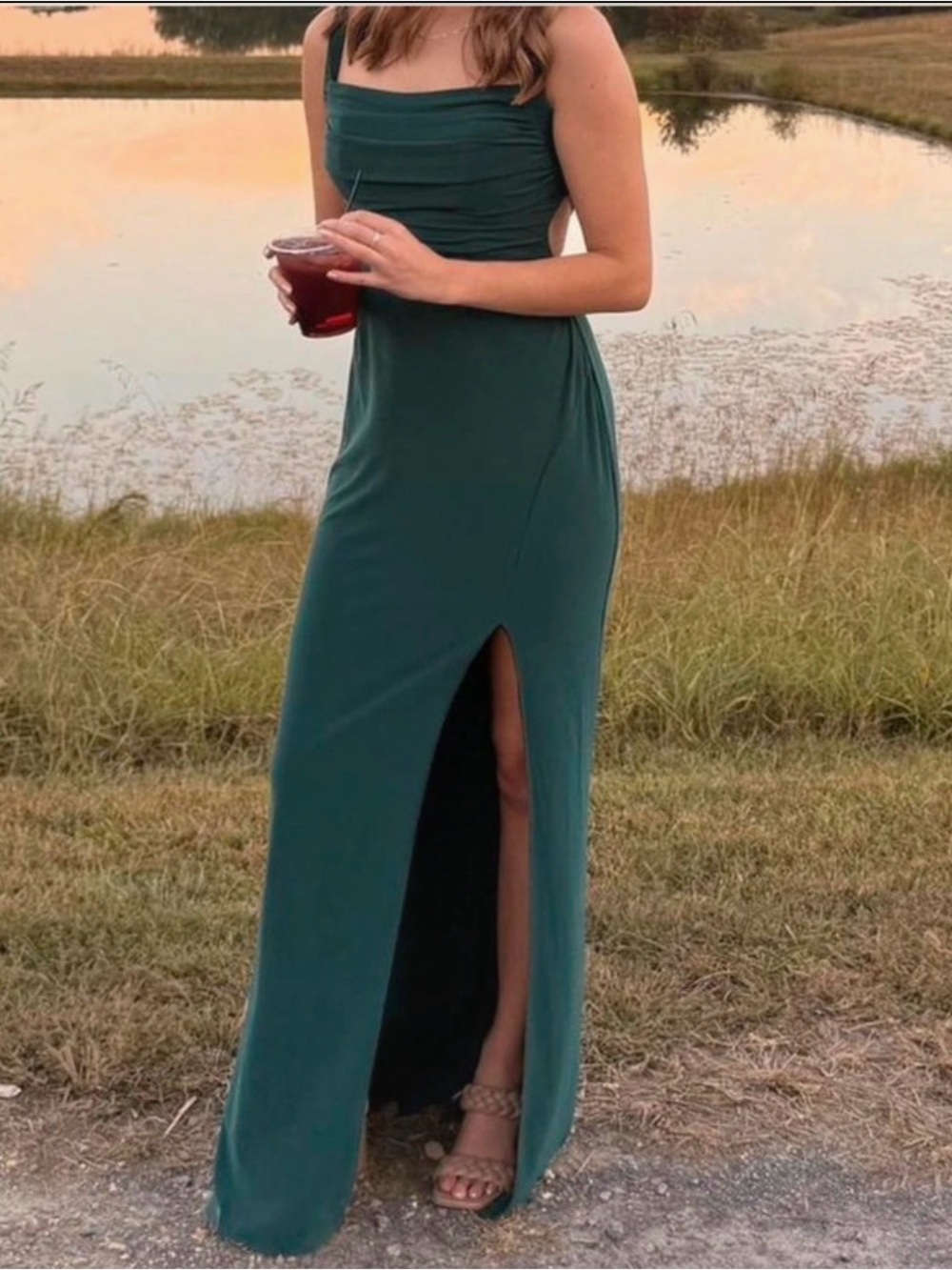 Azazie Emerald Green Square Neck Maxi Dress with Side Slit